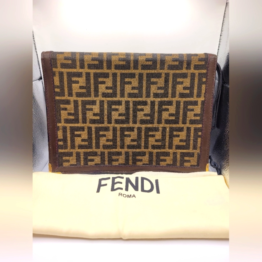 Fendi Zucca FF Monogram Canvas Leather Unisex Clutch